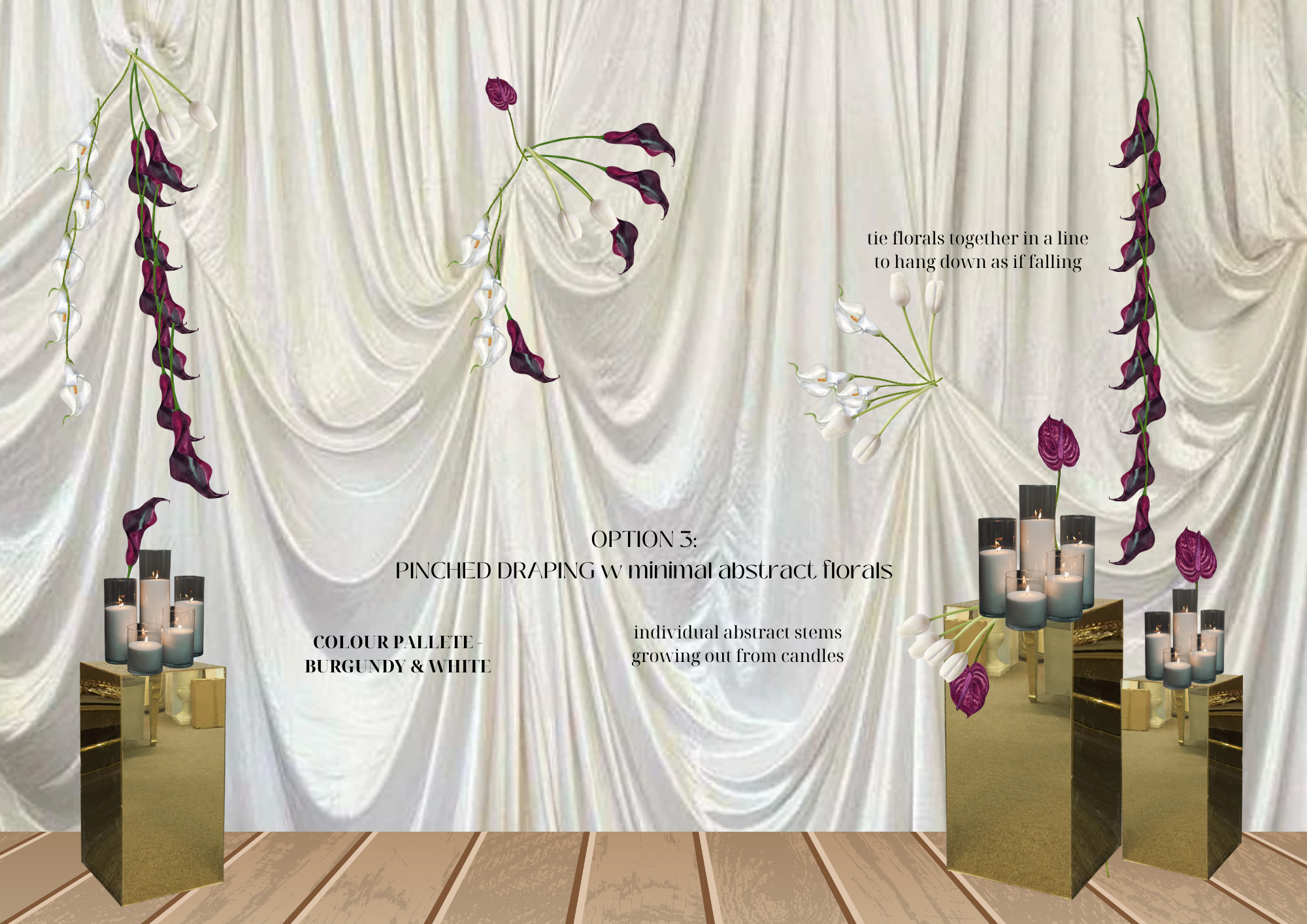 A modern wedding vision board showing decor concepts for Charley and Chris.