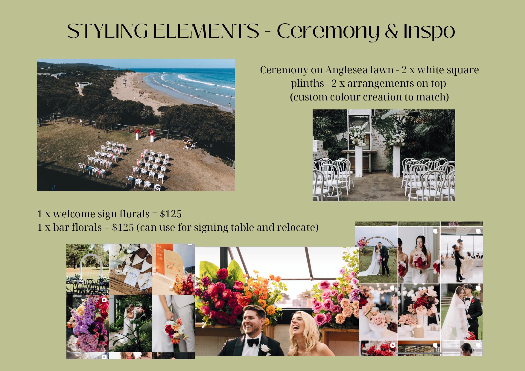 Wedding ceremony moodboard featuring clifftop views, floral arches, and vibrant pink and orange flower arrangements.
