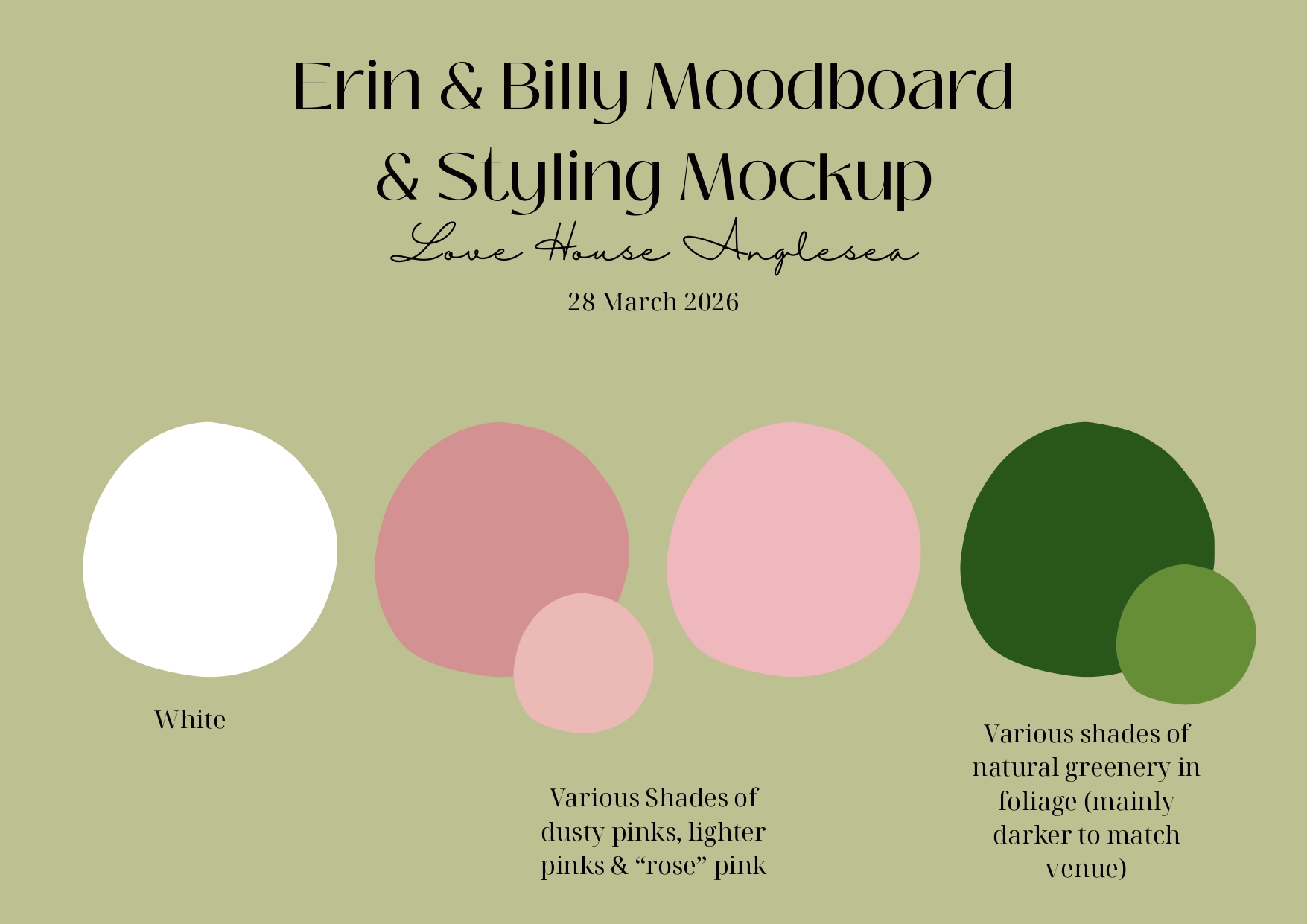 A professional wedding color palette board featuring shades of crisp white, soft blush, rose pink, and forest green.