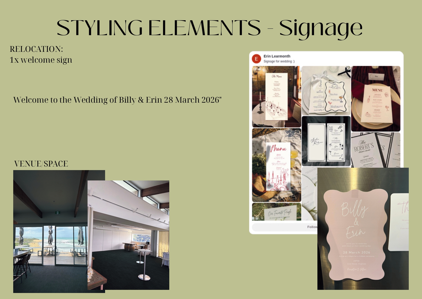 Event signage moodboard featuring scalloped edges, modern typography, and minimalist wedding stationery layouts.