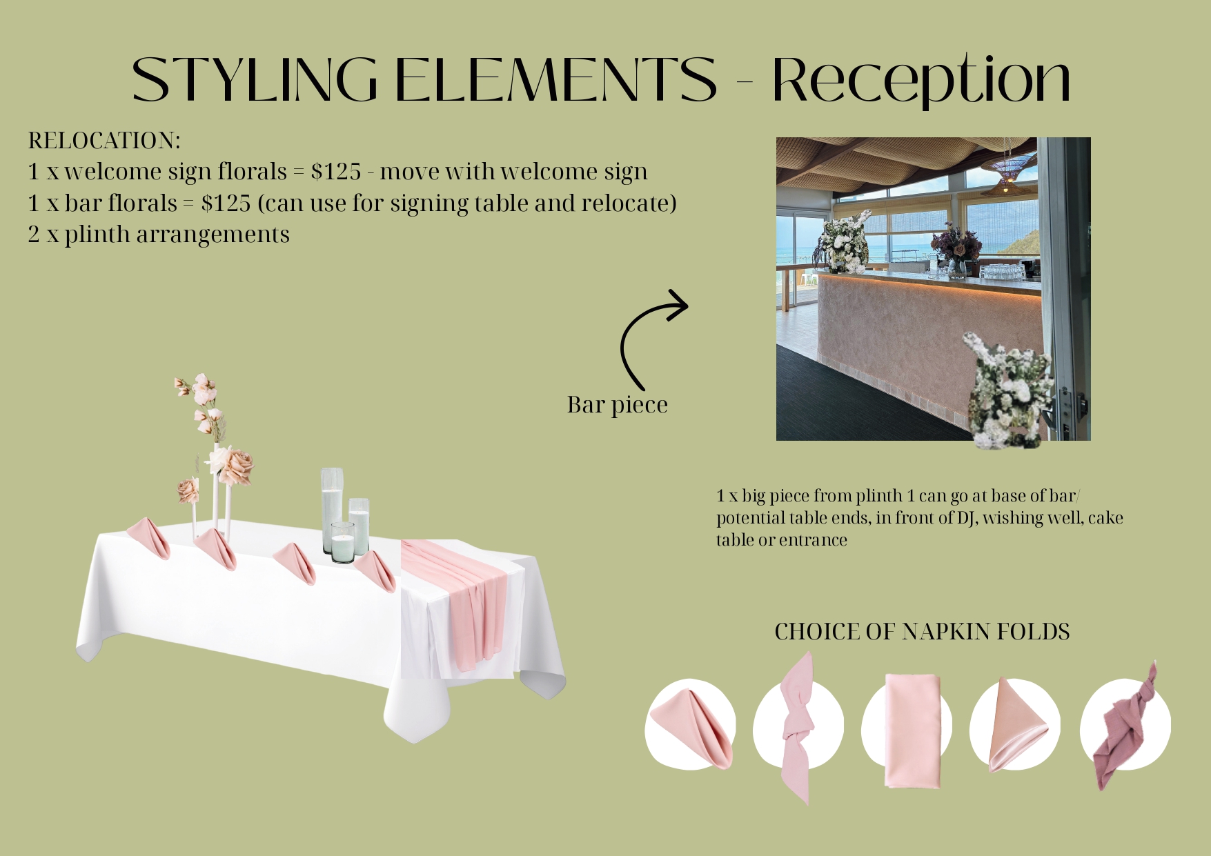 Collection of wedding reception styling items including delicate glassware and rose-colored decorative elements.