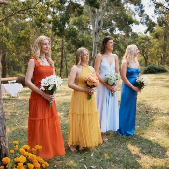 Colourful bridesmaids waiting for the bride at Runnymede Farm Lorne farm wedding, styled by ARLAI Event Co