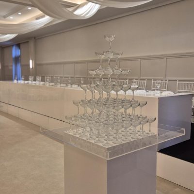 Champagne tower at a wedding event setup