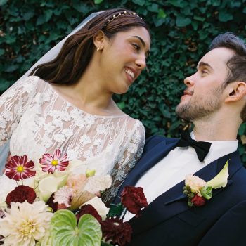 Dreamy wedding couple photo with soft and romantic outdoor lighting