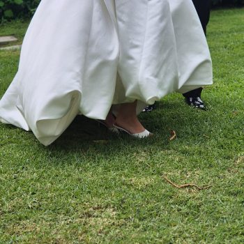 Close-up of an elegant bridal gown with fine fabric detail and delicate design on the wedding day