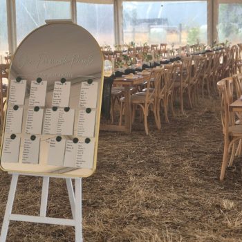 Organized wedding guest seating layout with elegant signage and décor