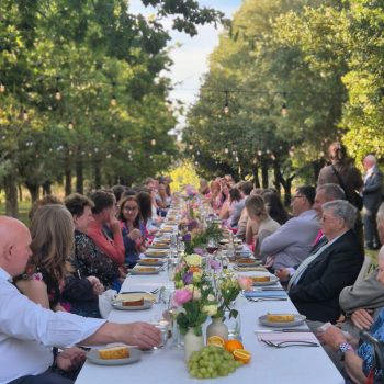 Wedding guests seated at a beautifully styled dinner table awaiting the reception meal.