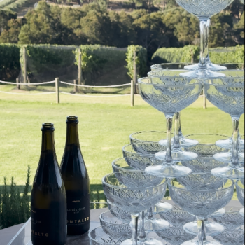 Champagne tower setup at a wedding.