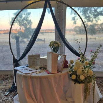 Wedding memory table decorated with photos and floral arrangements