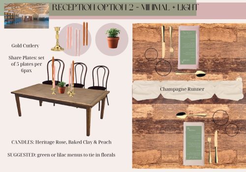 Table setting inspiration board with colour palettes and styling ideas.