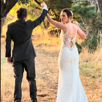 A joyful portrait capturing the newlyweds.