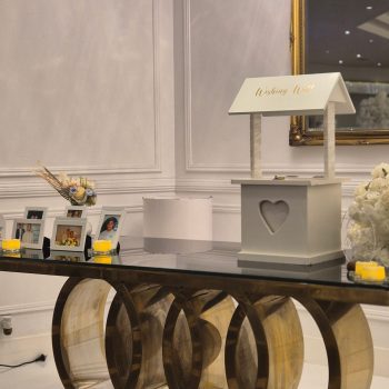 Beautifully arranged activity area for guests to leave wedding notes.