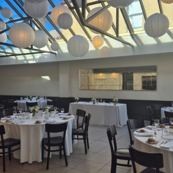 Wedding reception seating layout with arranged tables for guests